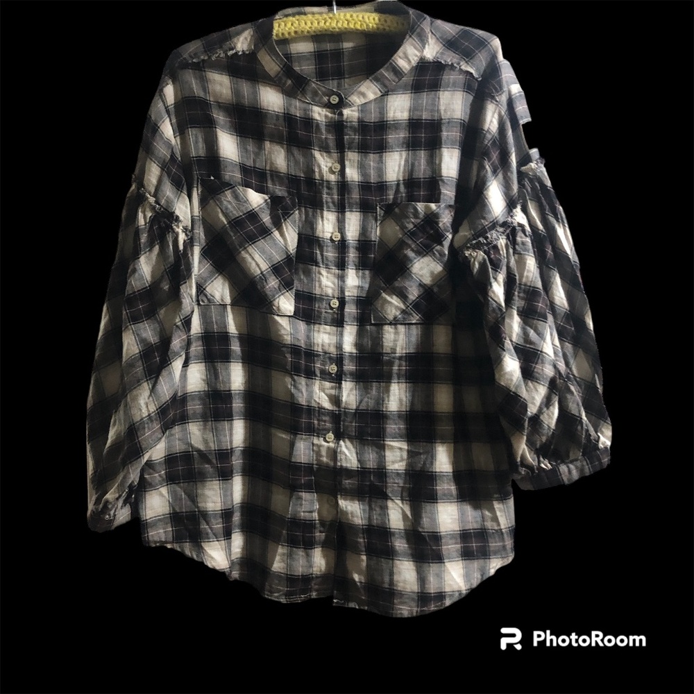 Talulah Black Plaid Boxy Button Down w/Chest Pockets M Distressed
